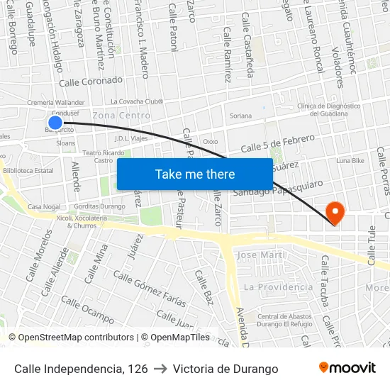 Calle Independencia, 126 to Victoria de Durango map