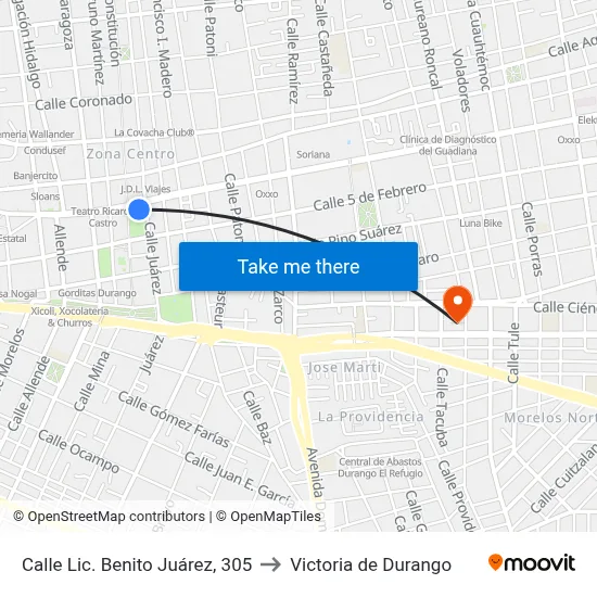 Calle Lic. Benito Juárez, 305 to Victoria de Durango map