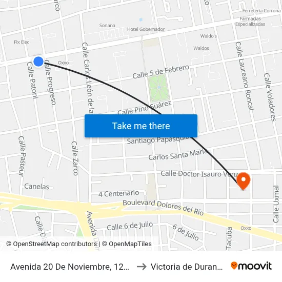 Avenida 20 De Noviembre, 121a to Victoria de Durango map