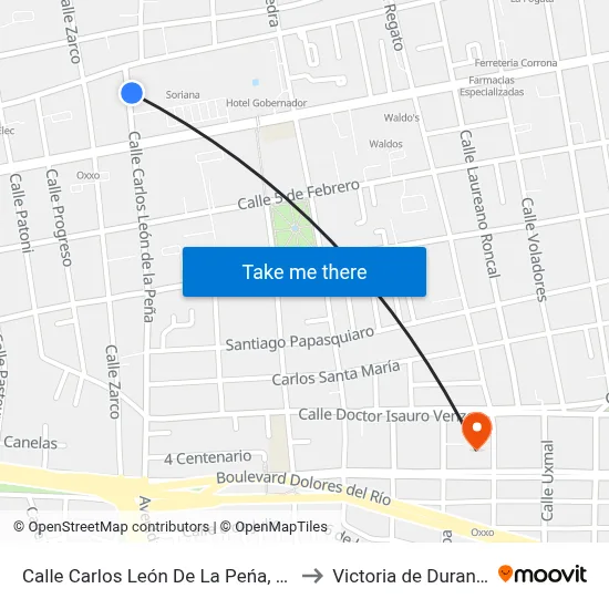 Calle Carlos León De La Peńa, 209 to Victoria de Durango map