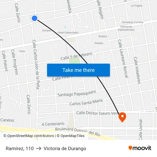 Ramírez, 110 to Victoria de Durango map
