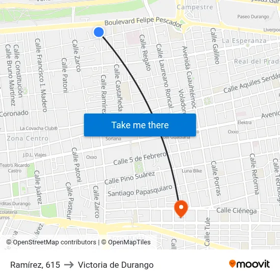 Ramírez, 615 to Victoria de Durango map