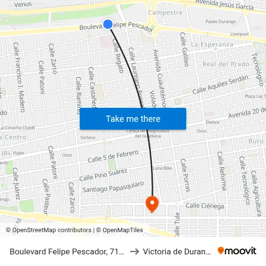 Boulevard Felipe Pescador, 717a to Victoria de Durango map