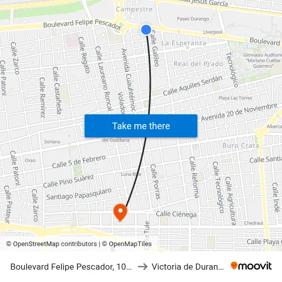 Boulevard Felipe Pescador, 1004 to Victoria de Durango map