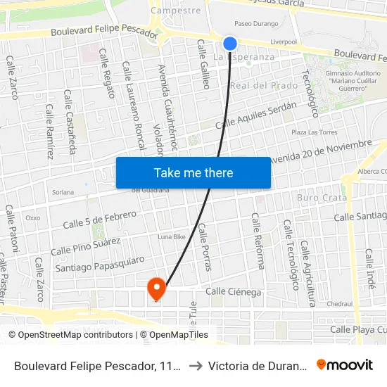 Boulevard Felipe Pescador, 1100 to Victoria de Durango map
