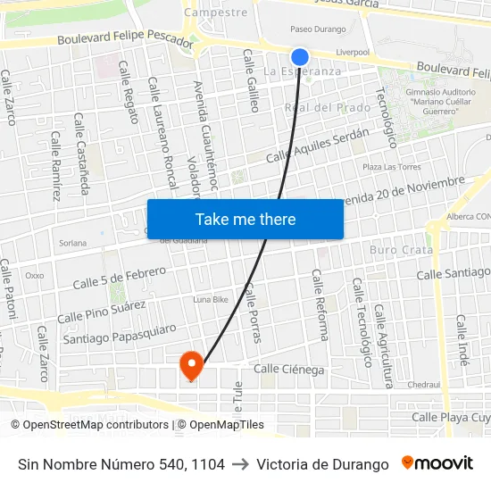 Sin Nombre Número 540, 1104 to Victoria de Durango map
