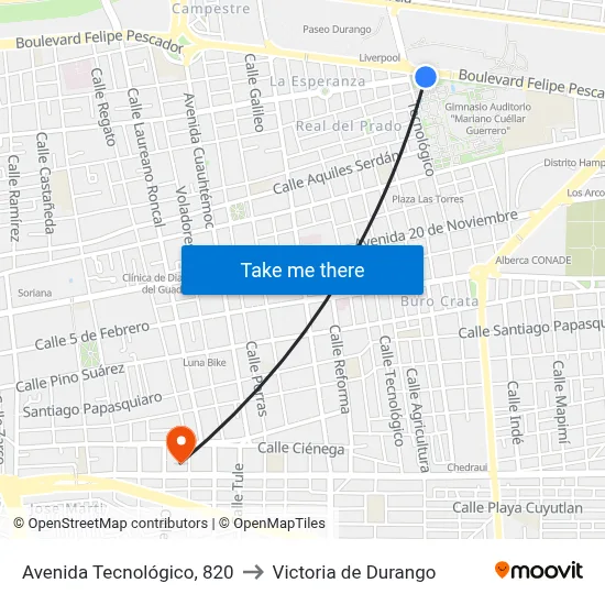 Avenida Tecnológico, 820 to Victoria de Durango map