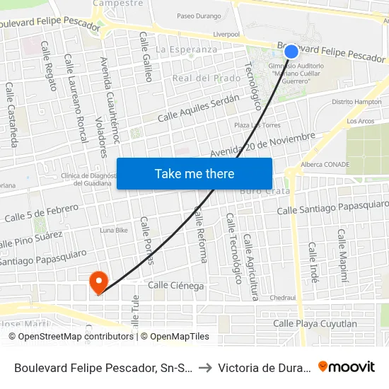 Boulevard Felipe Pescador, Sn-S I.T.D. to Victoria de Durango map