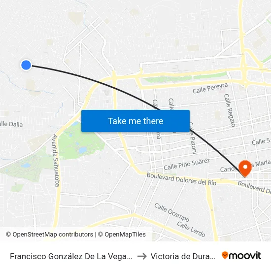 Francisco González De La Vega, 101 to Victoria de Durango map