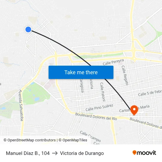 Manuel Díaz B., 104 to Victoria de Durango map