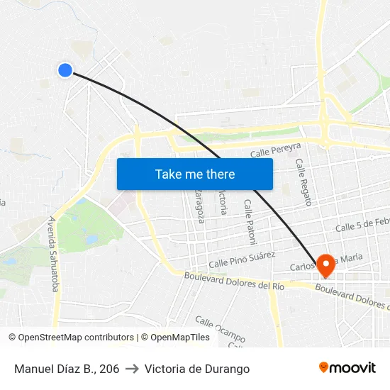 Manuel Díaz B., 206 to Victoria de Durango map