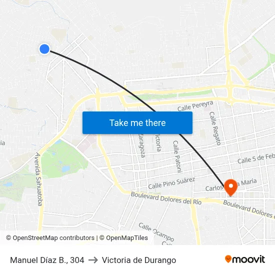 Manuel Díaz B., 304 to Victoria de Durango map