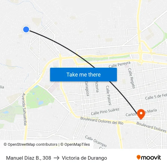 Manuel Díaz B., 308 to Victoria de Durango map