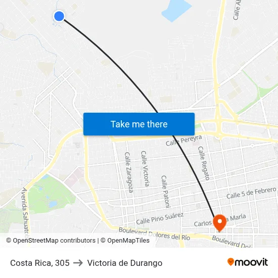 Costa Rica, 305 to Victoria de Durango map