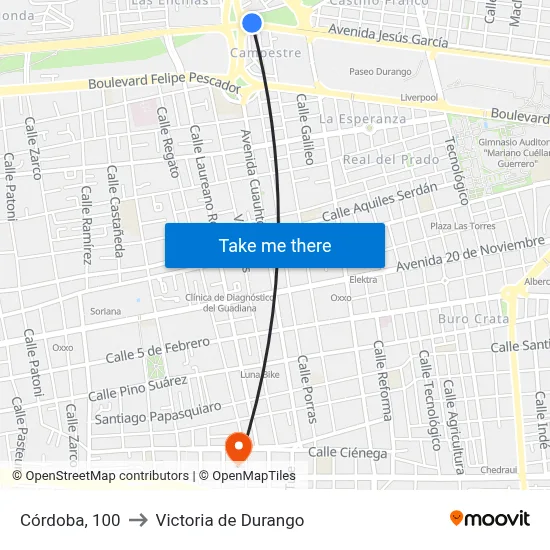 Córdoba, 100 to Victoria de Durango map