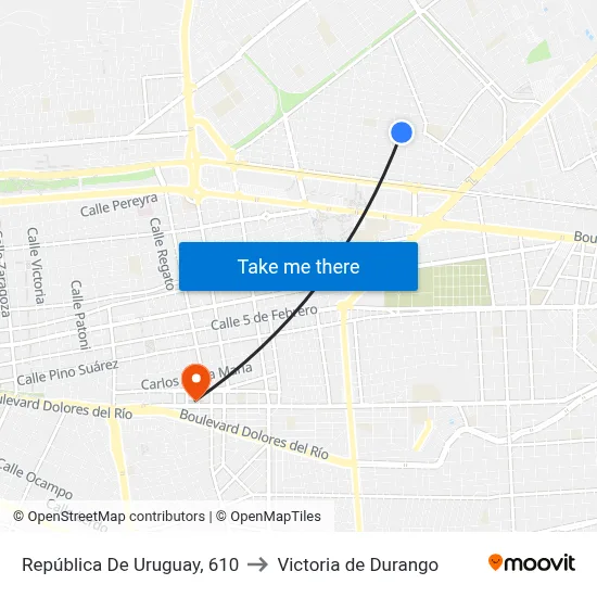 República De Uruguay, 610 to Victoria de Durango map