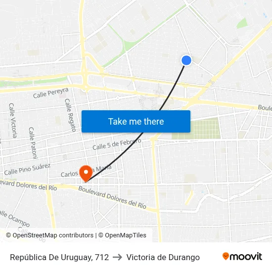 República De Uruguay, 712 to Victoria de Durango map