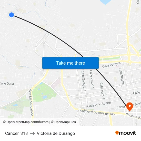 Cáncer, 313 to Victoria de Durango map