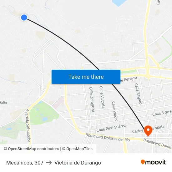 Mecánicos, 307 to Victoria de Durango map