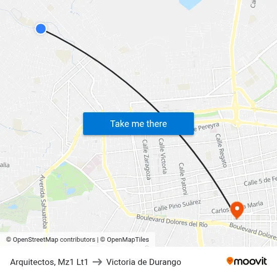 Arquitectos, Mz1 Lt1 to Victoria de Durango map