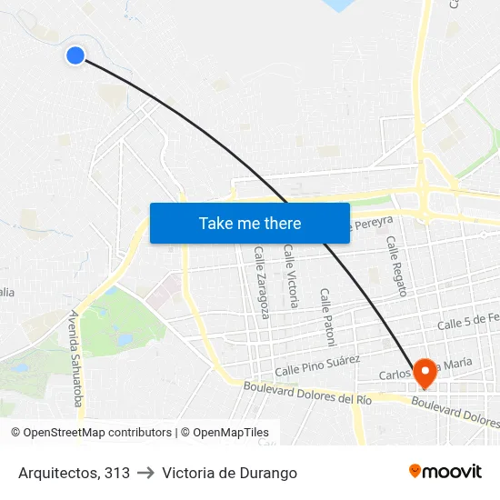 Arquitectos, 313 to Victoria de Durango map