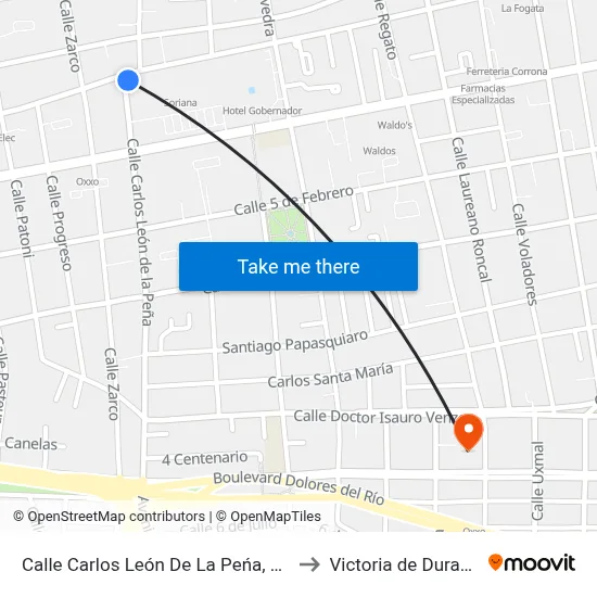 Calle Carlos León De La Peńa, 200b to Victoria de Durango map