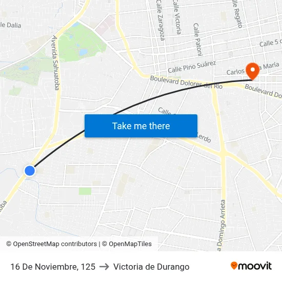 16 De Noviembre, 125 to Victoria de Durango map