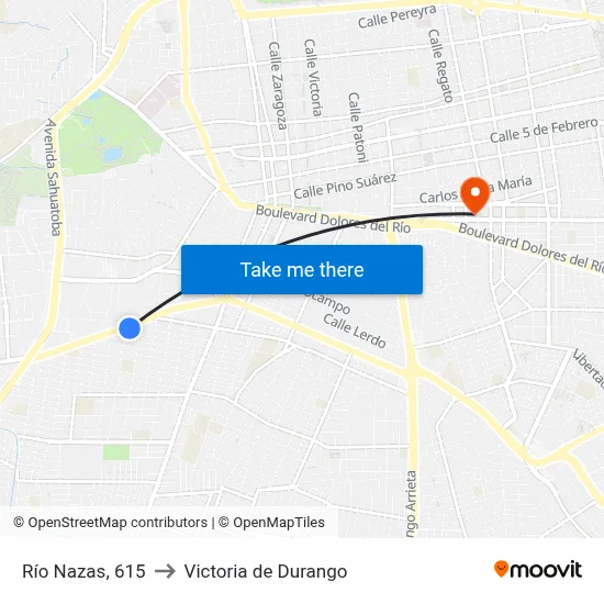 Río Nazas, 615 to Victoria de Durango map