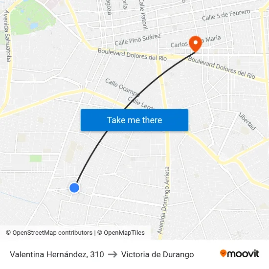 Valentina Hernández, 310 to Victoria de Durango map