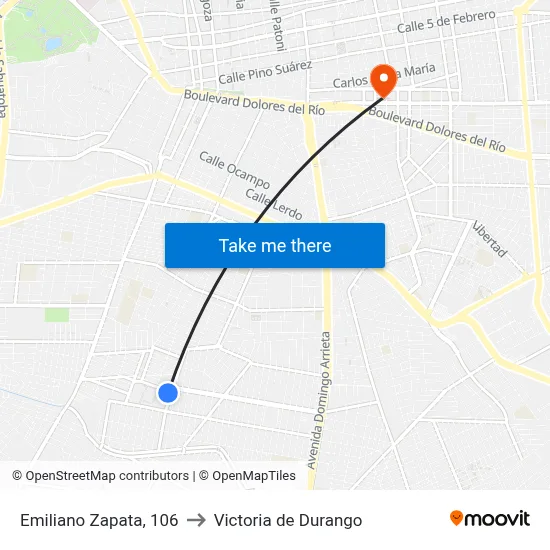 Emiliano Zapata, 106 to Victoria de Durango map