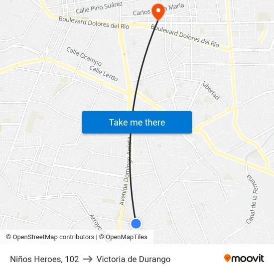 Niños Heroes, 102 to Victoria de Durango map