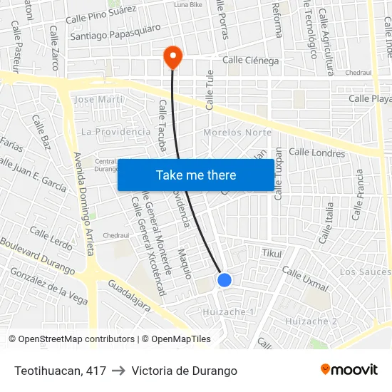 Teotihuacan, 417 to Victoria de Durango map