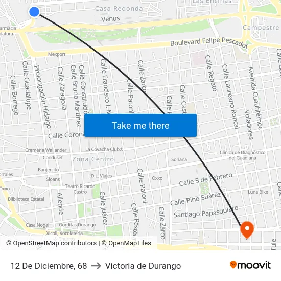 12 De Diciembre, 68 to Victoria de Durango map