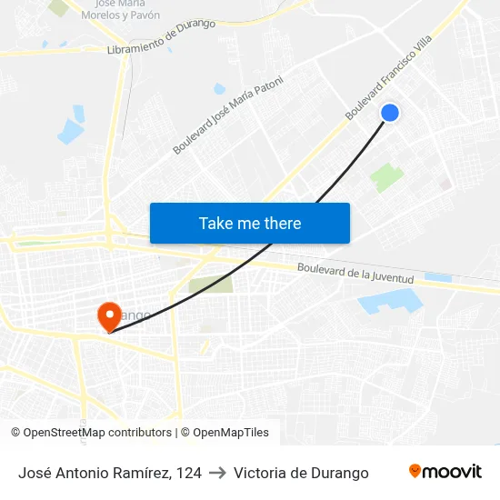 José Antonio Ramírez, 124 to Victoria de Durango map