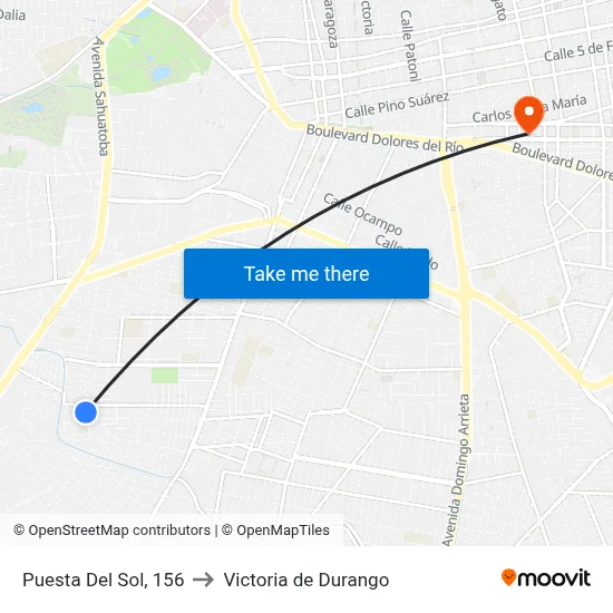 Puesta Del Sol, 156 to Victoria de Durango map