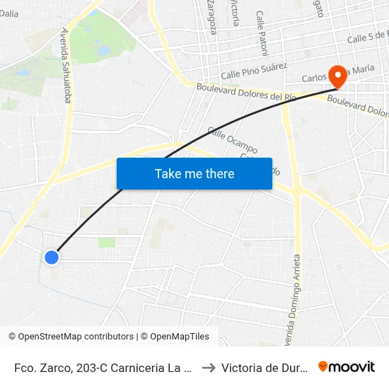 Fco. Zarco, 203-C Carniceria La Vaquita to Victoria de Durango map