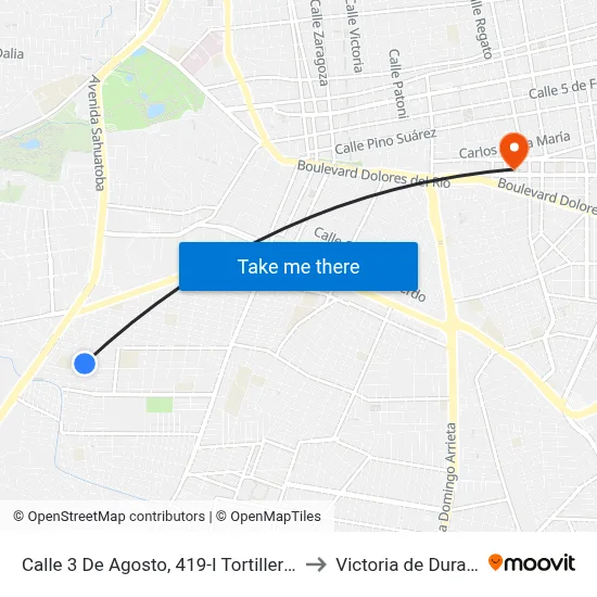 Calle 3 De Agosto, 419-I Tortilleria Luz to Victoria de Durango map