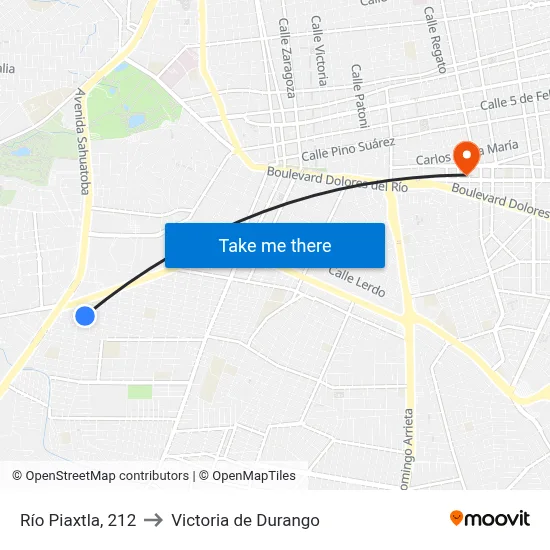 Río Piaxtla, 212 to Victoria de Durango map