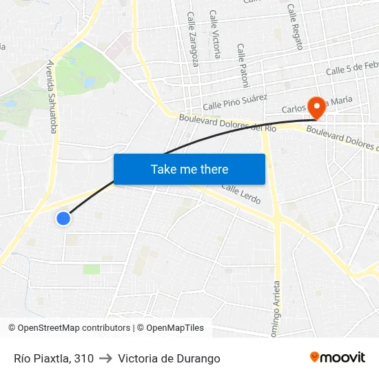 Río Piaxtla, 310 to Victoria de Durango map