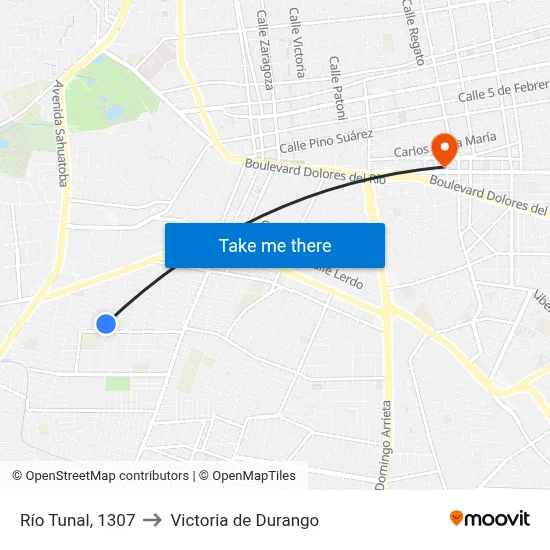 Río Tunal, 1307 to Victoria de Durango map