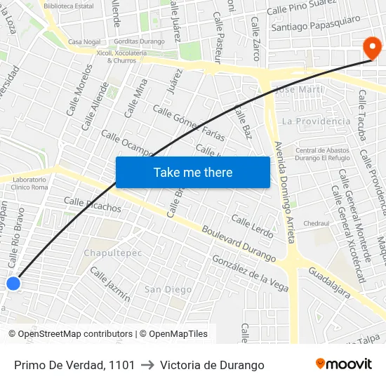 Primo De Verdad, 1101 to Victoria de Durango map