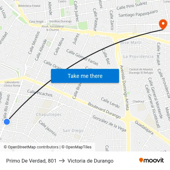 Primo De Verdad, 801 to Victoria de Durango map