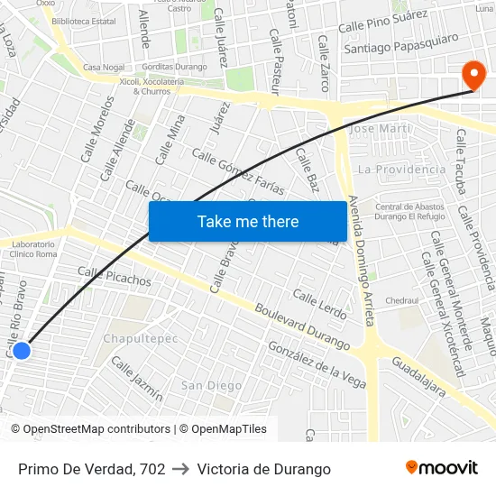 Primo De Verdad, 702 to Victoria de Durango map