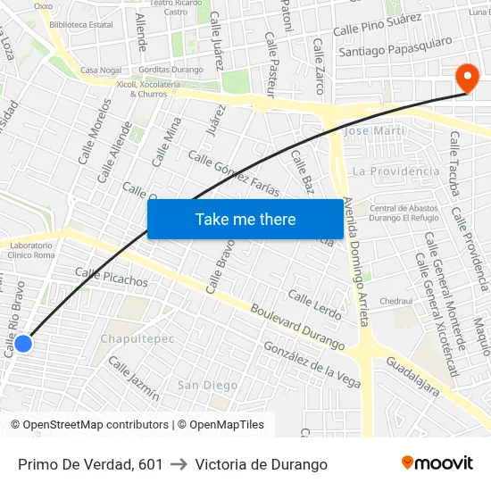 Primo De Verdad, 601 to Victoria de Durango map