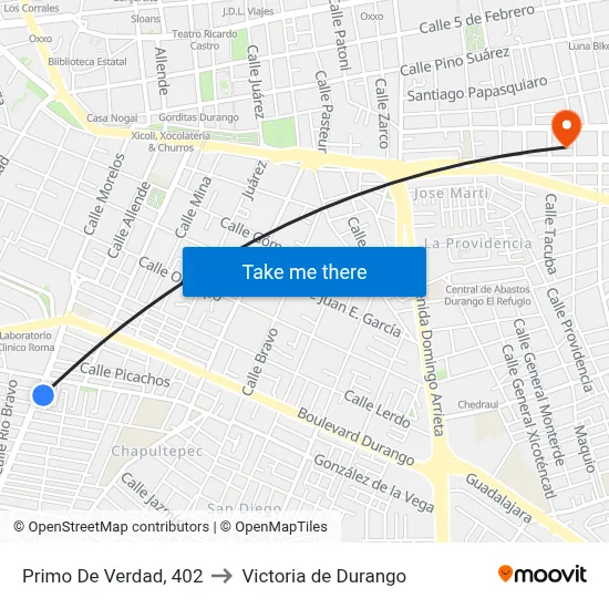 Primo De Verdad, 402 to Victoria de Durango map