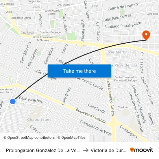 Prolongación González De La Vega, 801 to Victoria de Durango map