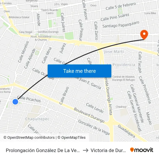 Prolongación González De La Vega, 705 to Victoria de Durango map