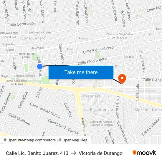 Calle Lic. Benito Juárez, 413 to Victoria de Durango map