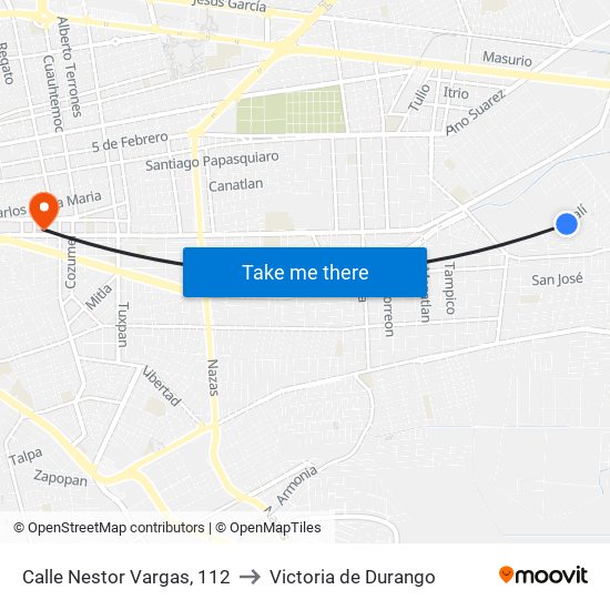 Calle Nestor Vargas, 112 to Victoria de Durango map