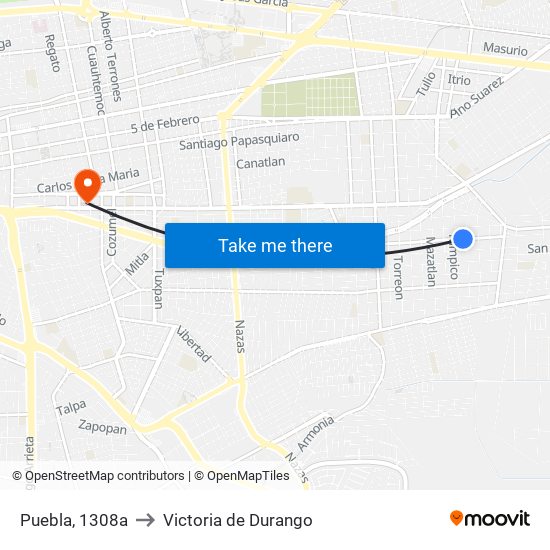 Puebla, 1308a to Victoria de Durango map